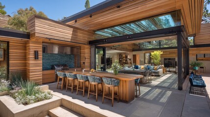 Modern Outdoor Living Space with Open-Concept Design, Sleek Wooden Details, and Inviting Seating Areas in Bright Daylight
