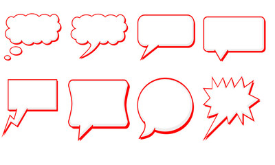 A set of eight red speech bubbles for comic designs or other purposes.