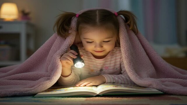 Child reading a book under a pink blanket with a flashlight in a cozy room at night