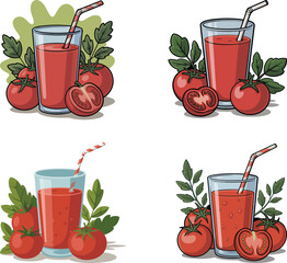 Glass of fresh tomato juice with whole tomato on white background