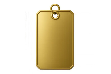 Golden metallic label dangling from double ring against transparent backdrop, highlighting product details or brand identity