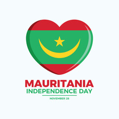 Mauritania Independence Day poster vector illustration. Flag of Mauritania in heart shape icon vector. Mauritania Flag love symbol. Template for background, banner, card. November 28 every year