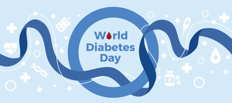 World diabetes day - Text with drop blood in blue ring circle with blue line ribbon roll waving and icons around vector design