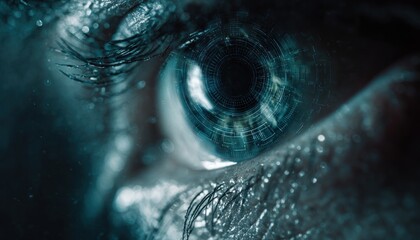 Detailed close-up of a human eye with a superimposed digital grid pattern on the iris, creating a futuristic and technological aesthetic