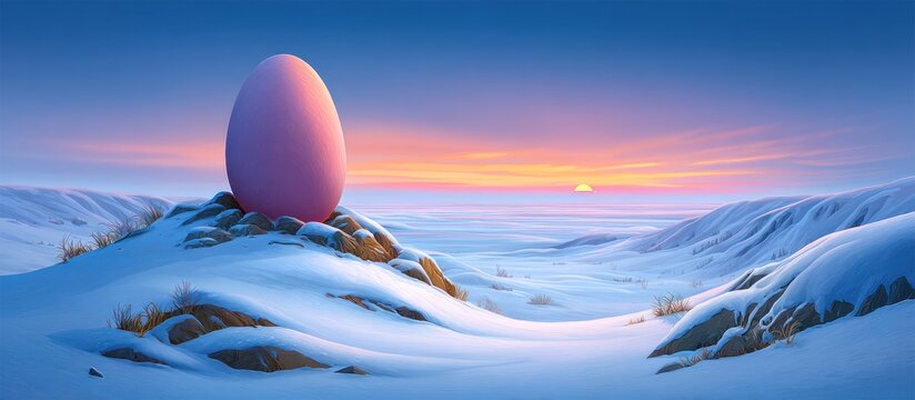 A giant pink egg sits atop a snowy peak as the sun sets on the horizon, casting a dreamy glow over the winter landscape