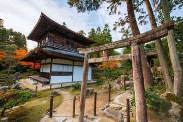 Torii gate and silver Pavilion of Ginkakuji temple in autumn, Kyoto