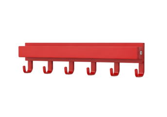 A simple, red wall-mounted coat rack with five hooks, perfect for small spaces.