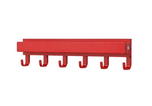 A simple, red wall-mounted coat rack with five hooks, perfect for small spaces.