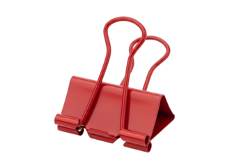 Two vibrant red binder clips, sharply angled against a black background, exhibit a glossy finish and precise design.