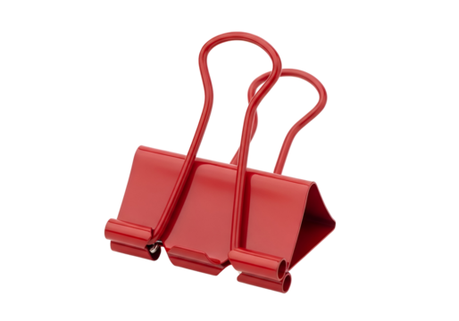 Two vibrant red binder clips, sharply angled against a black background, exhibit a glossy finish and precise design.