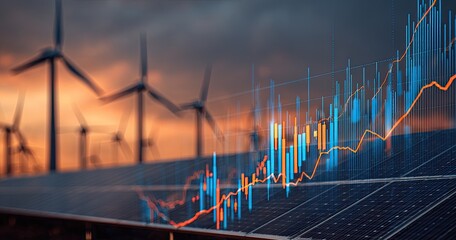Renewable energy investment growth, displayed over solar panels and wind turbines