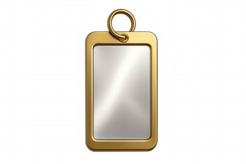 Close-up of a blank vertical metallic badge with a gold frame, featuring a transparent background, ideal for customization and design projects