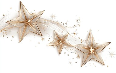 Three golden stars, trailing with sparkling stardust, against a white background