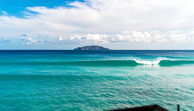 Serene ocean vista; turquoise waves rolling towards a distant island under a partly cloudy sky