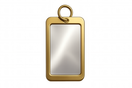 Close-up of a blank vertical metallic badge with a gold frame, featuring a transparent background, ideal for customization and design projects