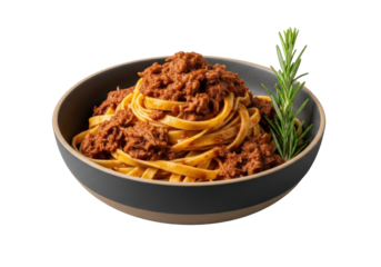 Golden tagliatelle pasta richly coated with dark wild boar ragu in a rustic stoneware bowl, fresh rosemary, studio shot on transparent, rustic Tuscan authenticity