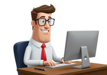 Isolated happy business man working on computer at desk, office employee illustration