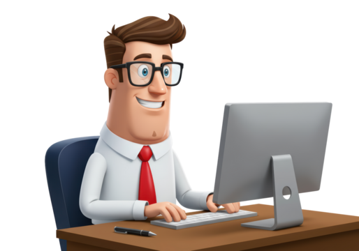 Isolated happy business man working on computer at desk, office employee illustration