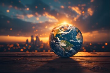 Global Earth with stunning sunset over city skyline, representing travel and environmental concepts