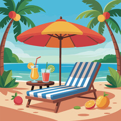 Tropical beach with umbrella and chairs by the sea