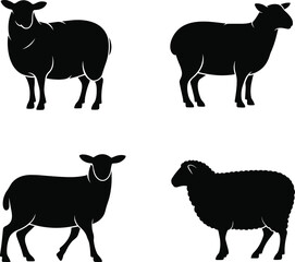 Collection of sheep silhouette vector illustrations, farm animal icons for agriculture, wool production, livestock design, pastoral countryside artwork, and rural farming graphics