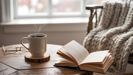 Cozy scene of an open book and a steaming mug of coffee on a wooden table next to glasses, with a warm knitted blanket on a chair and soft daylight from a window