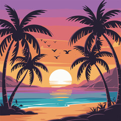 Tropical beach with palm trees and sunset over the ocean