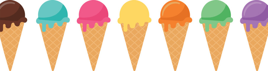 Colorful ice cream cone vector illustration with multiple scoops, waffle cones, bright flavors, cartoon style, dessert design, summer sweet food background, isolated