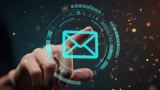 Hand Interacting with a Digital Email Icon and Futuristic Interface