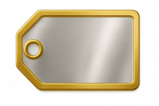 Metal label featuring polished surface, golden border, waiting for personalized text or graphic, transparent backdrop