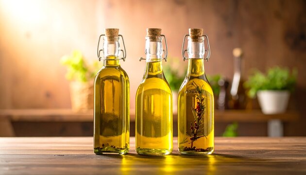 Three glass bottles of infused oil sit on a wooden surface against a blurred background of kitchen items and herbs - Powered by Adobe