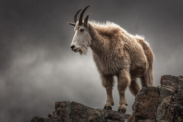 Naklejka premium Majestic mountain goat standing on rugged rocky cliffs with a dramatic cloudy background