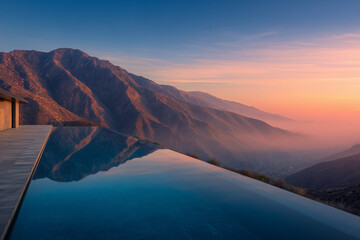 Infinity Pool Overlooking Majestic Mountains at Sunset with Warm and Soothing Colors