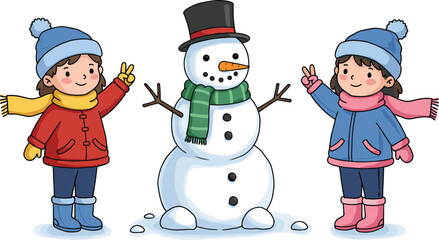 Cute winter illustration of children building snowman, kids wearing colorful warm clothes, happy holiday scene, snow play, fun outdoor activity, Christmas season