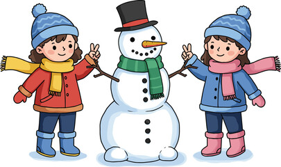 Cute winter illustration of two kids building snowman together, wearing warm clothes, hats, scarves, boots, outdoor fun activity, Christmas holiday seasonal clipart.