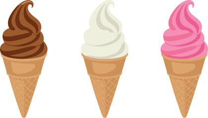Delicious ice cream cone illustration set with chocolate, vanilla, and strawberry flavors, waffle cones, colorful swirls, sweet dessert vector for food design