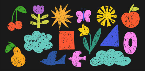 Set of vector crayon naive hand drawn colorful charcoal doodle shapes and squiggles in childish girly style on black background. Star, flower, fruits, birds and clouds doodle collage elements. 