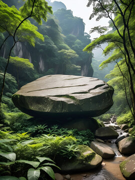 A large, flat rock sits in a lush forest.Yang Guang Tou Guo Shu Lin Sa Luo Zai Yan Shi Shang . The rock is wet from the rain, and the sun is shining, creating a beautiful scene.