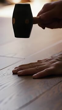 Expert Hardwood Floor Installation: Skilled Craftsmans Hands Precisely Positioning & Tapping Planks with Rubber Mallet