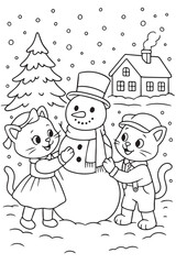 Cute Vintage Cartoon Cats in Christmas Coloring Pages – Holiday Line Art for Kids