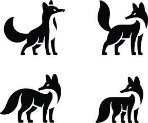 Fox silhouette vector illustration set with different standing poses, wild animal design, woodland creature artwork, black and white minimal graphic style