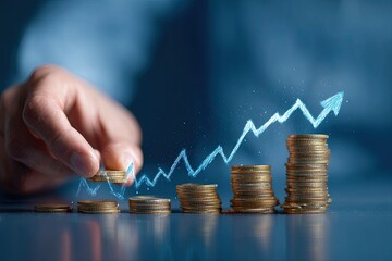 Hand placing coin on a growing stack of coins, with an upward trend graph overlaid