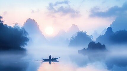 A serene landscape at sunrise, with a lone boat on a misty river.