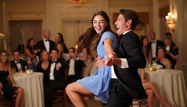 Joyful couple dancing and laughing at a formal wedding reception or party. Happy people celebrating togetherness and love on the dance floor in an elegant ballroom. - Powered by Adobe