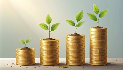 Golden Coins with Growing Plants, Simple Eco Finance Growth Concept