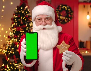 Santa Claus holds a green screen phone and a star-shaped cookie in a festive setting