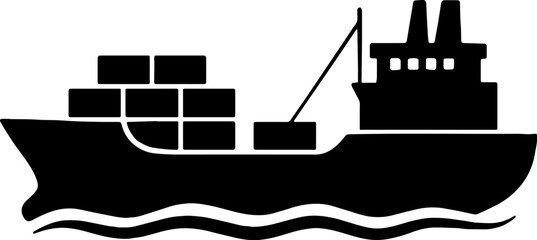 Cargo Ship with Containers - Global Trade Silhouette Vector With White Background