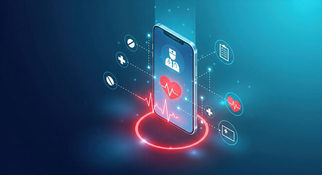 Futuristic smartphone with digital icons and neon ring