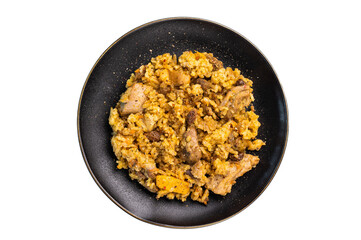 Serbian rice with beef meat, vegetables in a plate isolated on white background