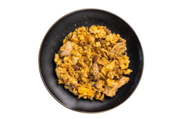 Serbian rice with beef meat, vegetables in a plate isolated on white background